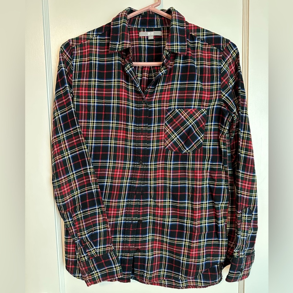 Uniqlo Women’s Flannel Plaid Black Multicolor Button Down Shirt Size Small
